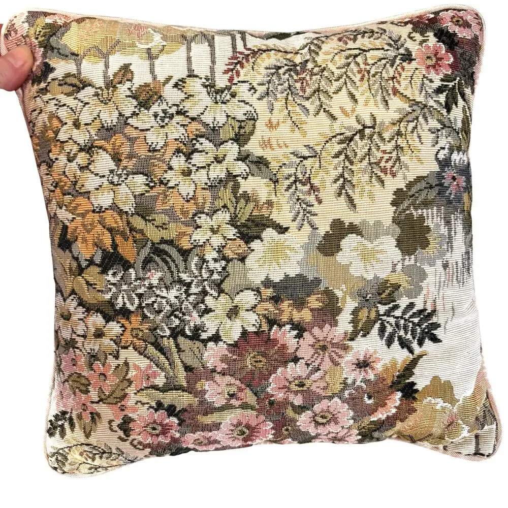 Vintage Tapestry toss pillow raw silk satin textured backing romantic cottage